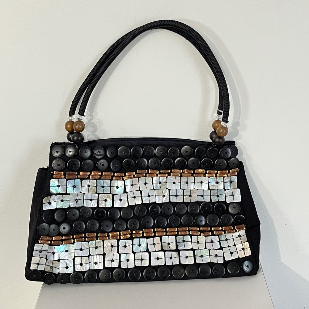 Cebu Beaded Shoulder Bag Women Medium Black Shell Wood Inlay‎ Boho Artisan